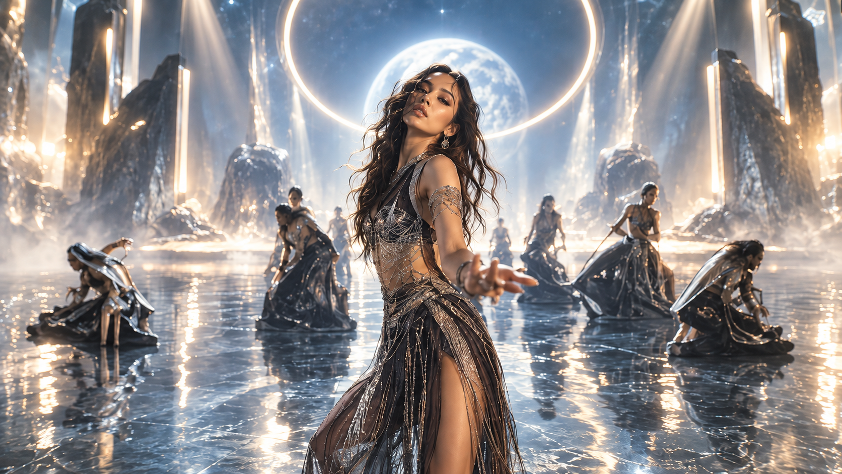 Lead Performer Begins a Controlled, Expressive Dance Movement Toward