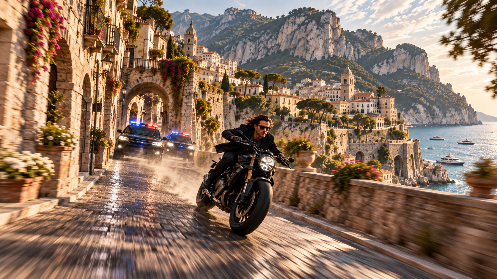 Rider Accelerates Hard Down the Narrow Coastal Road As the Two