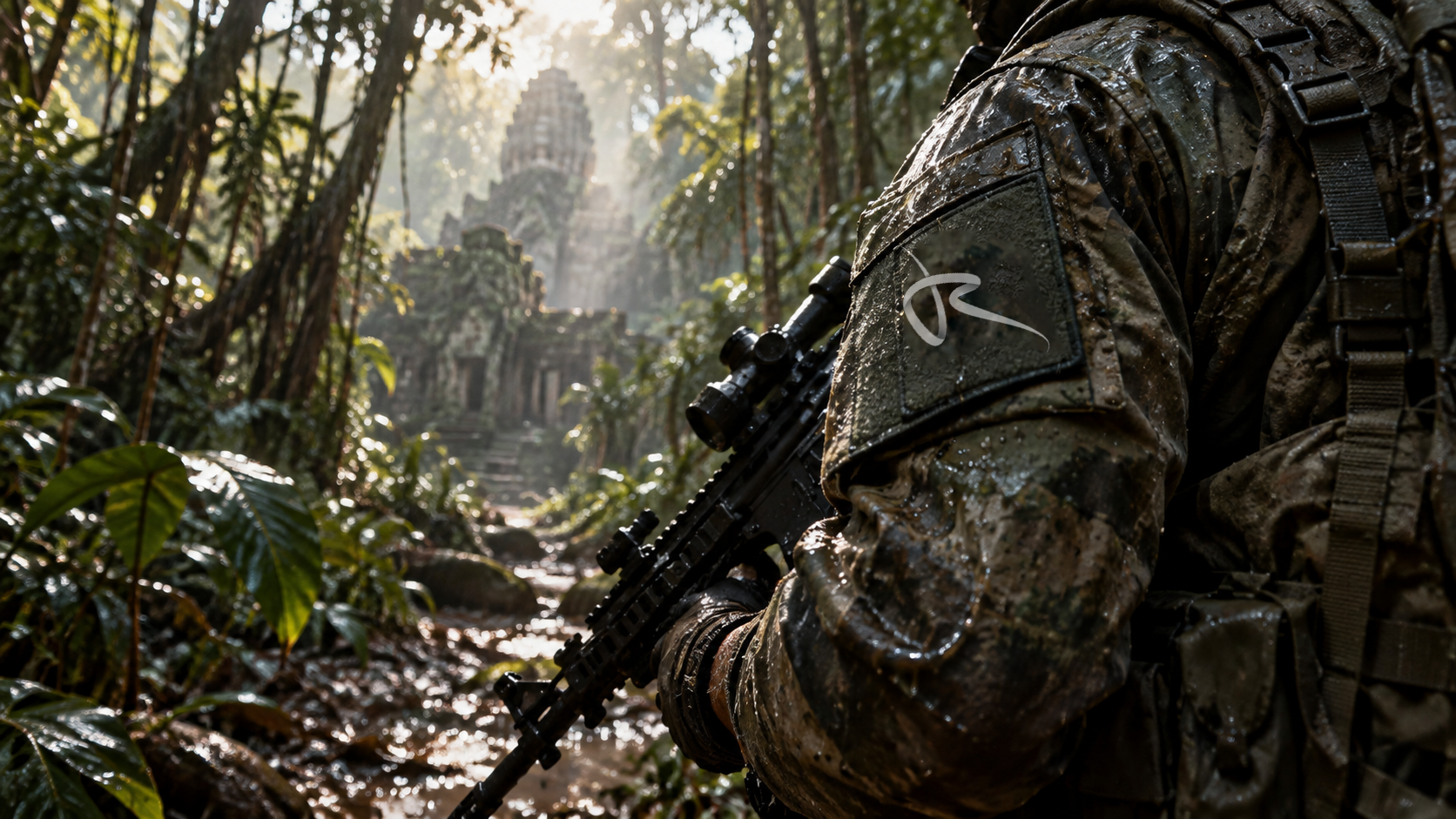 Over-the-shoulder Tracking Shot in a Wet Cambodian Jungle after Rain