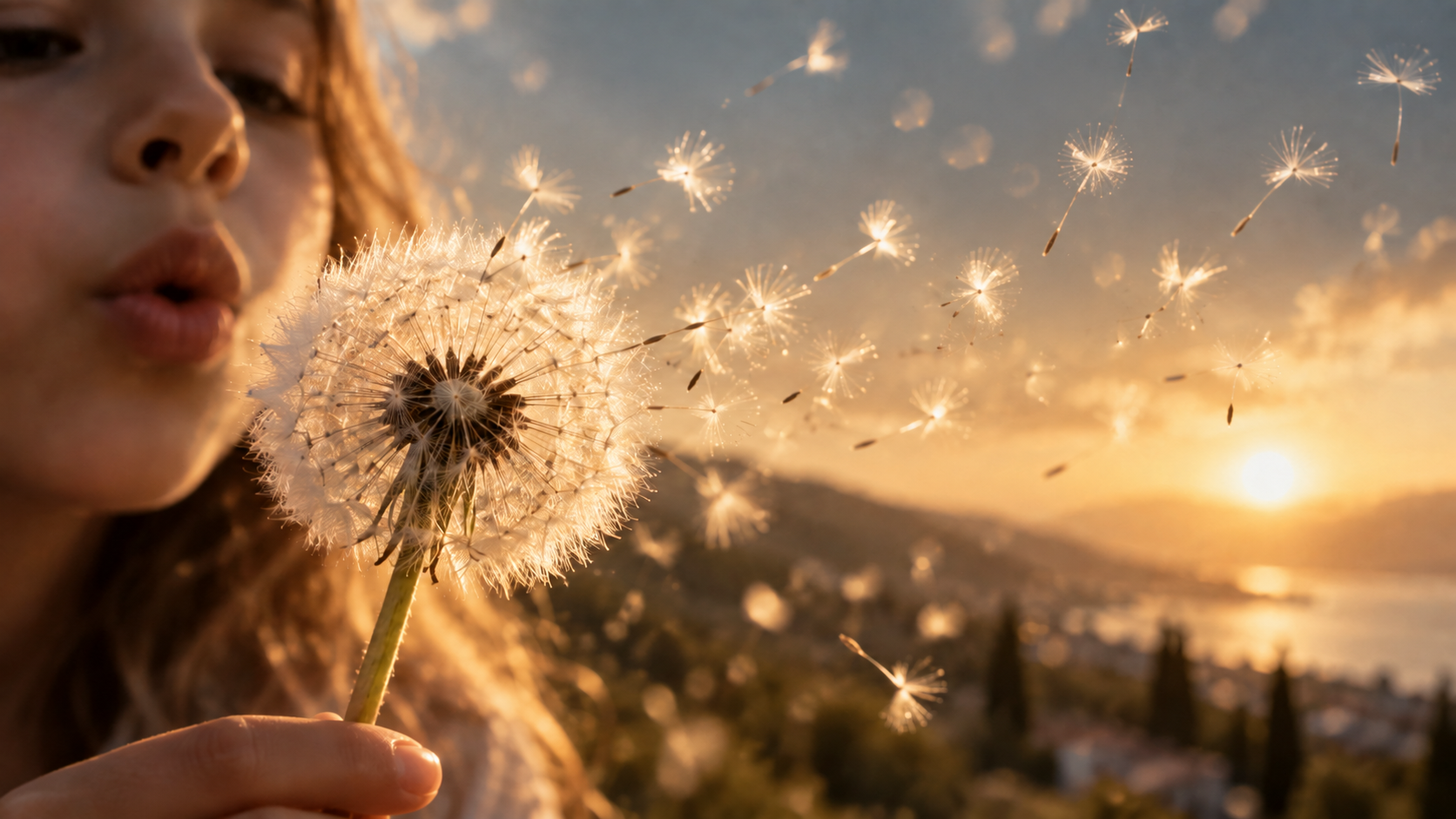 Girl Gently Blows on the Dandelion