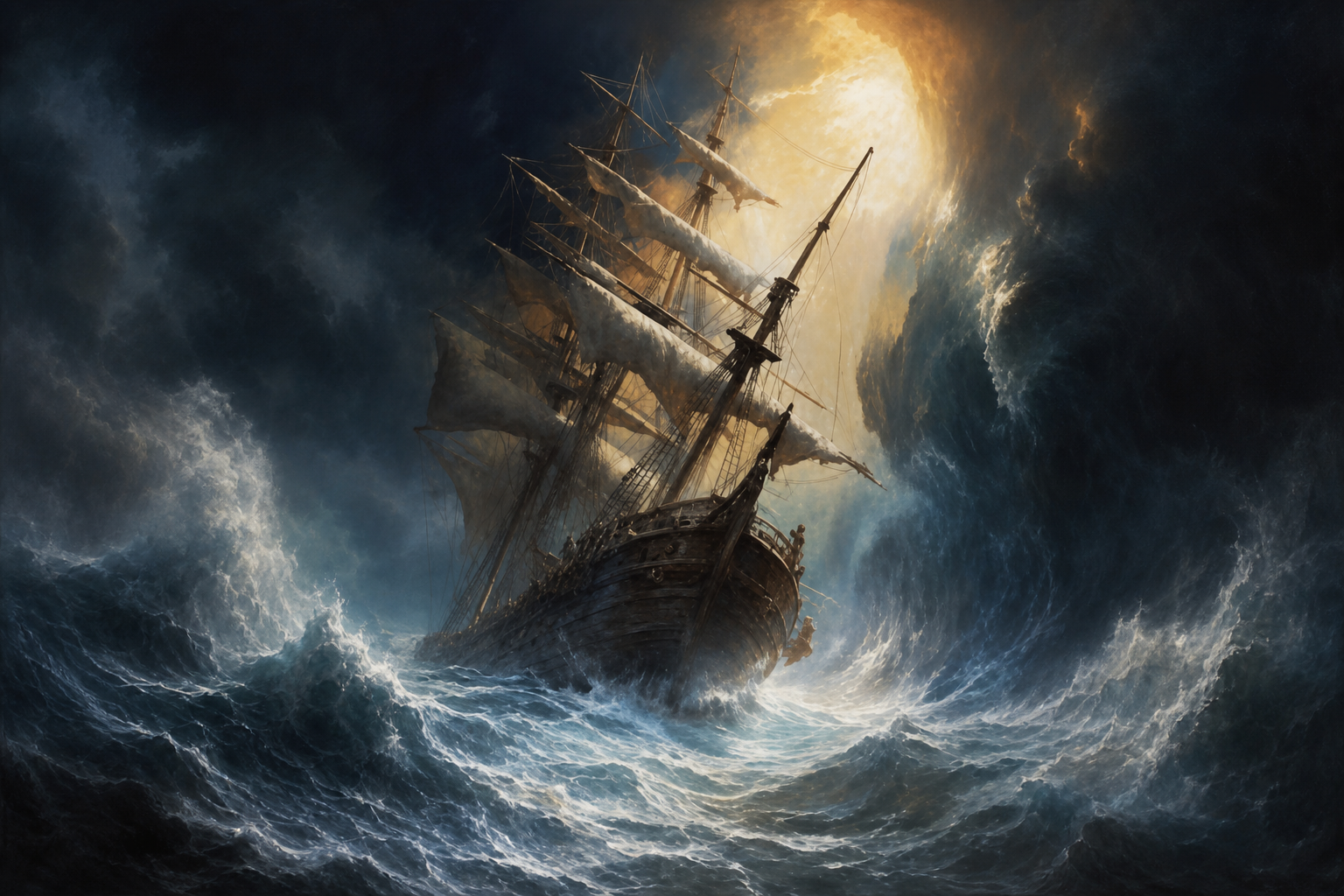 Old Sailing Ship Moving Through a Giant Storm Wave Tunnel, Violent